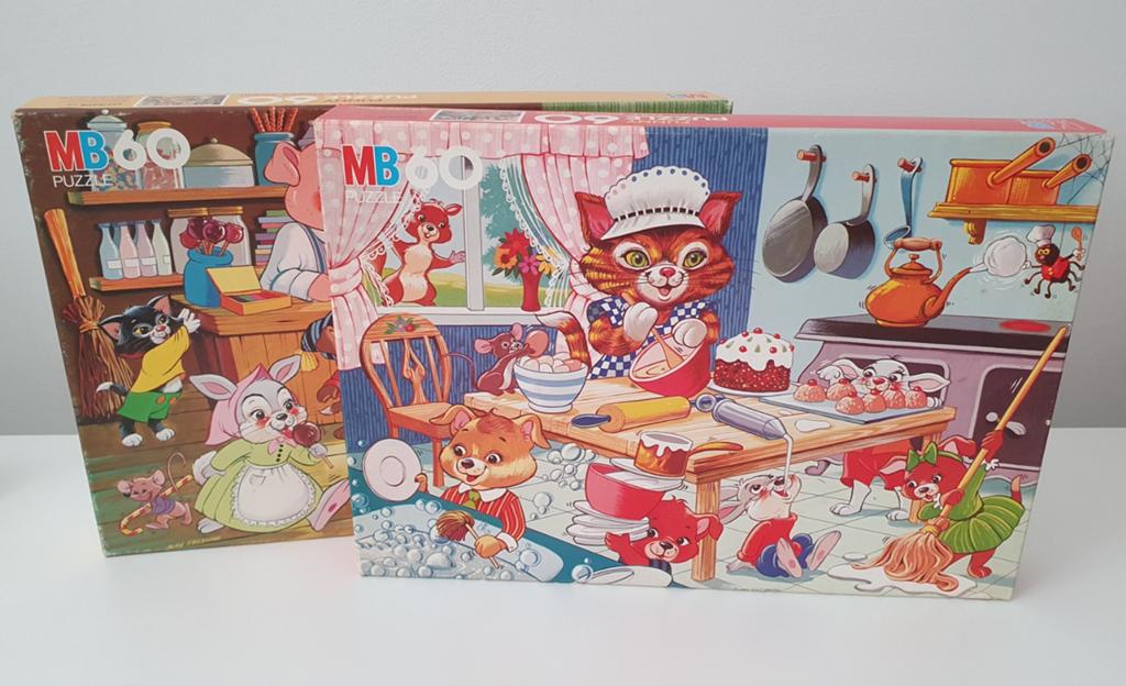 Twee vintage MB Milton Bradley kinderpuzzels dieren 60st 80s, Ophalen of Verzenden, Meer dan 50 stukjes, Gebruikt