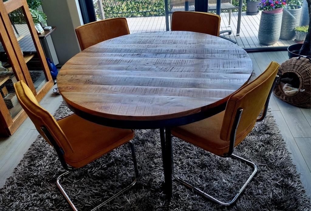 Robuuste Industriële Mangohouten Eettafel - Rond 130cm, Huis en Inrichting, Tafels | Eettafels, Overige houtsoorten, Gebruikt