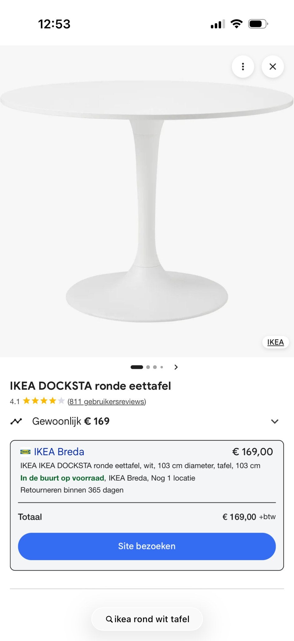 IKEA DOCKSTA ronde eettafel, wit, 103 cm, Ophalen, Kunststof, Gebruikt, 100 tot 150 cm