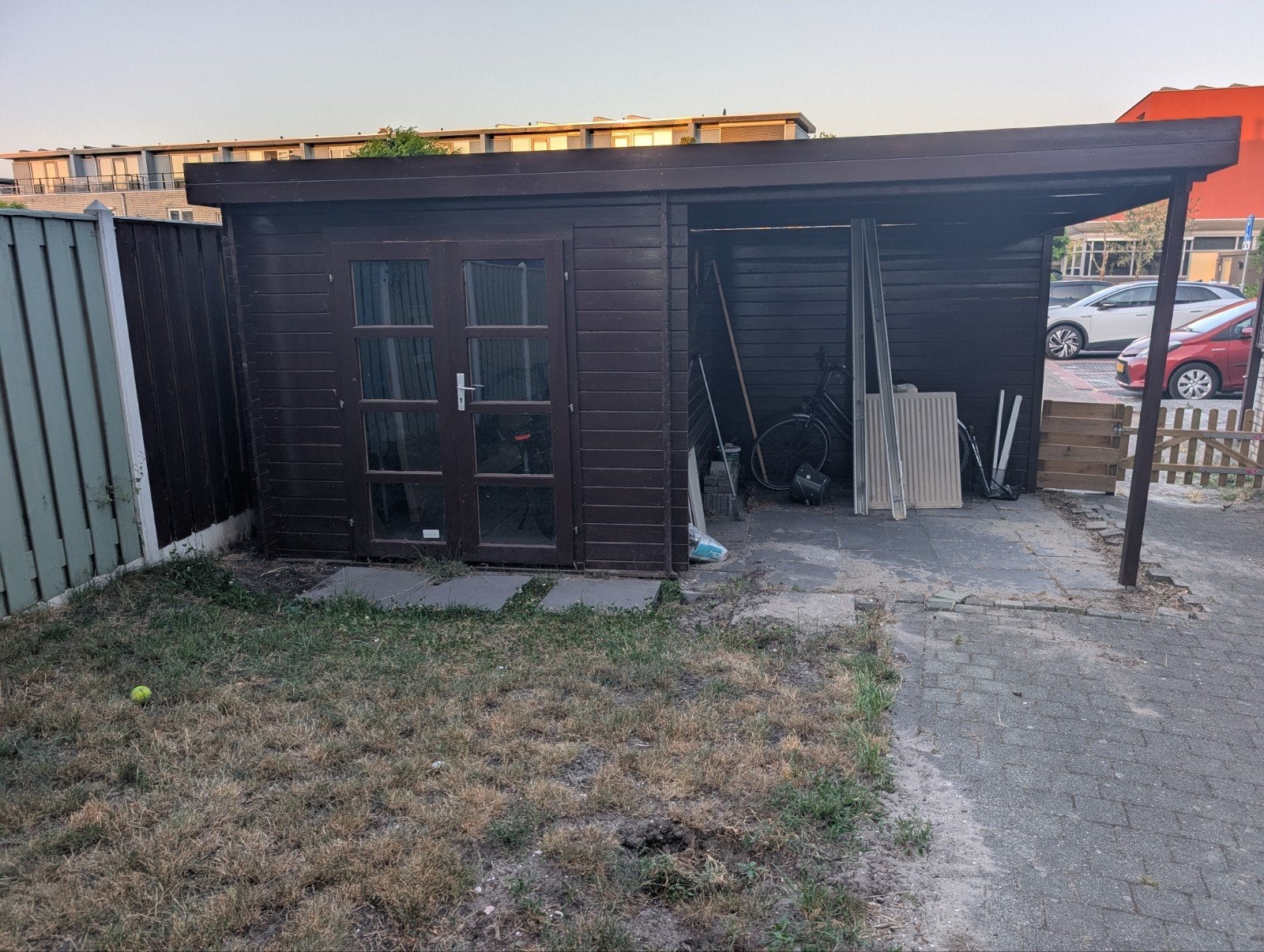 Houten schuur met overkapping 260 x 520, Tuin en Terras, Tuinhuizen, Ophalen, Gebruikt, 250 tot 500 cm, Schuur