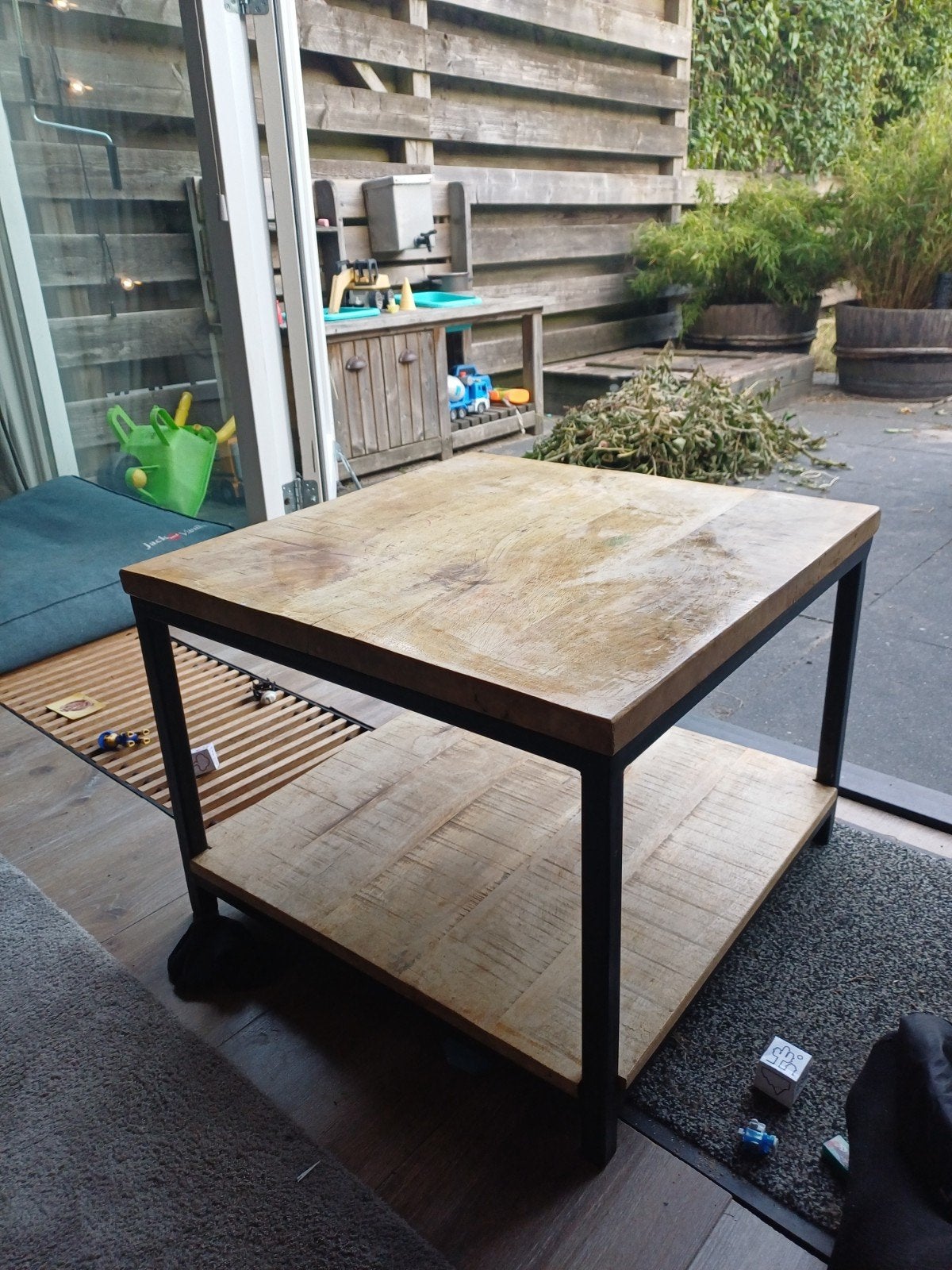 salontafel staal en hout, Ophalen, Gebruikt, 50 tot 100 cm, Vierkant