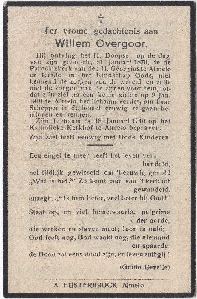Willem Overgoor 1870 Almelo + 1940 Almelo, bijna 70 jaar oud, Verzamelen, Bidprentjes en Rouwkaarten, Verzenden