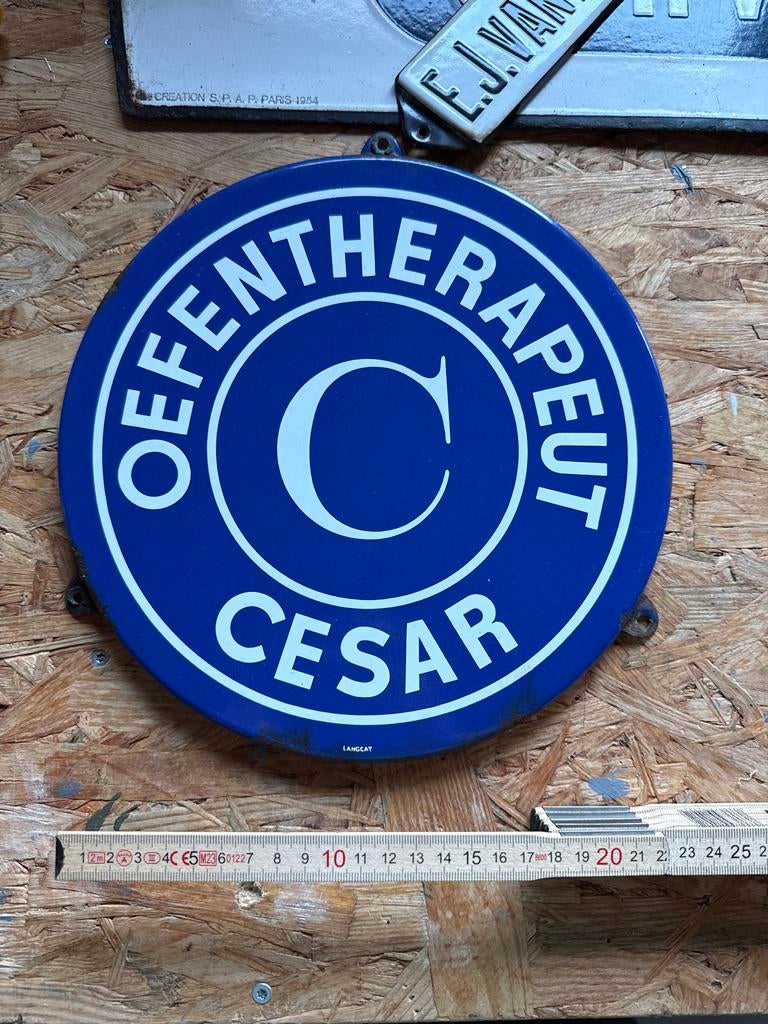 Vintage Emaille Reclamebord Oefentherapeut Cesar Langcat, Ophalen of Verzenden