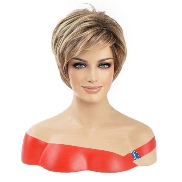 Pruik kort vlot pixie model blond bruin mix in laagjes, Verzenden, Nieuw, Pruik of Haarverlenging