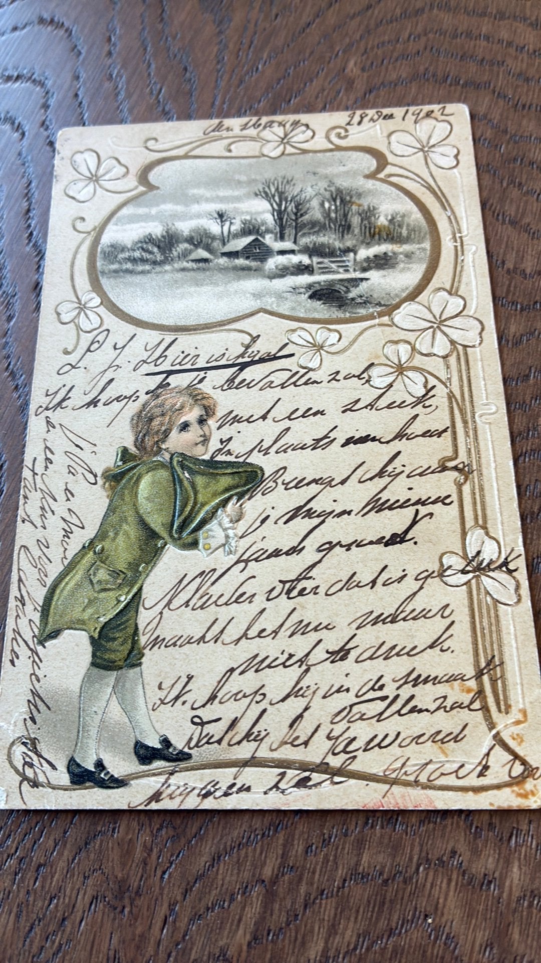 Winterlandschapje. Reliefkaart, huzaar. Klaver rand.1902, Verzamelen, Ophalen of Verzenden, Voor 1920, Gelopen, Overige thema's