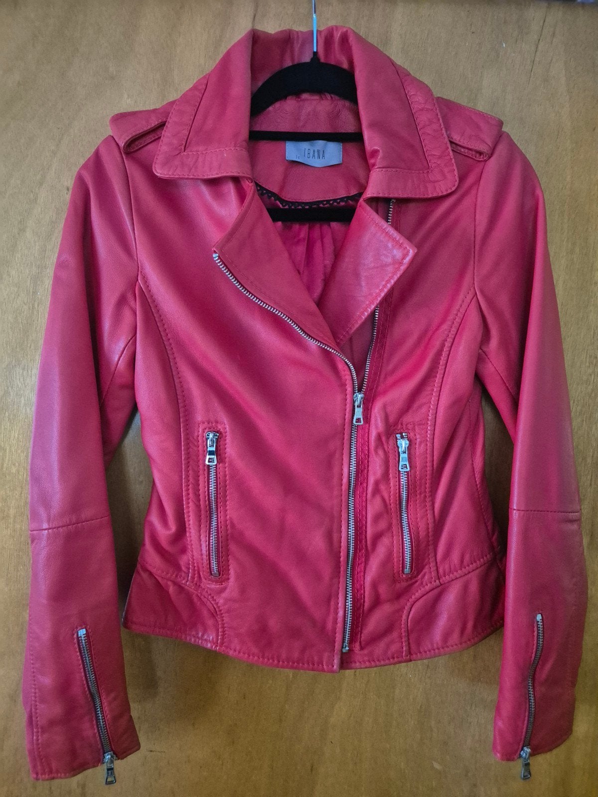 Ibana Bear Blaze leren jack - Vuurrood - Maat 34, Kleding | Dames, Ophalen of Verzenden, Zo goed als nieuw, Maat 34 (XS) of kleiner