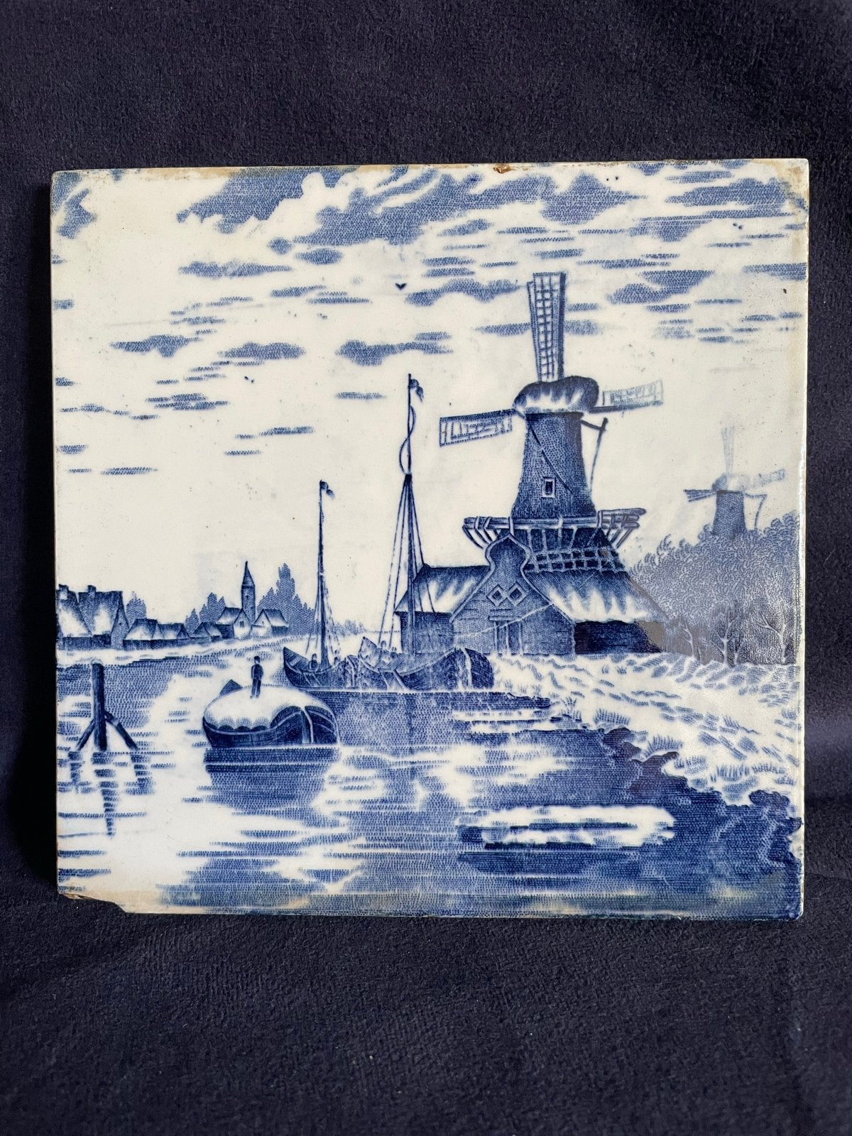 Antieke Delfts Blauwe Tegel met Hollandse Molen en Landschap, Antiek en Kunst, Ophalen of Verzenden