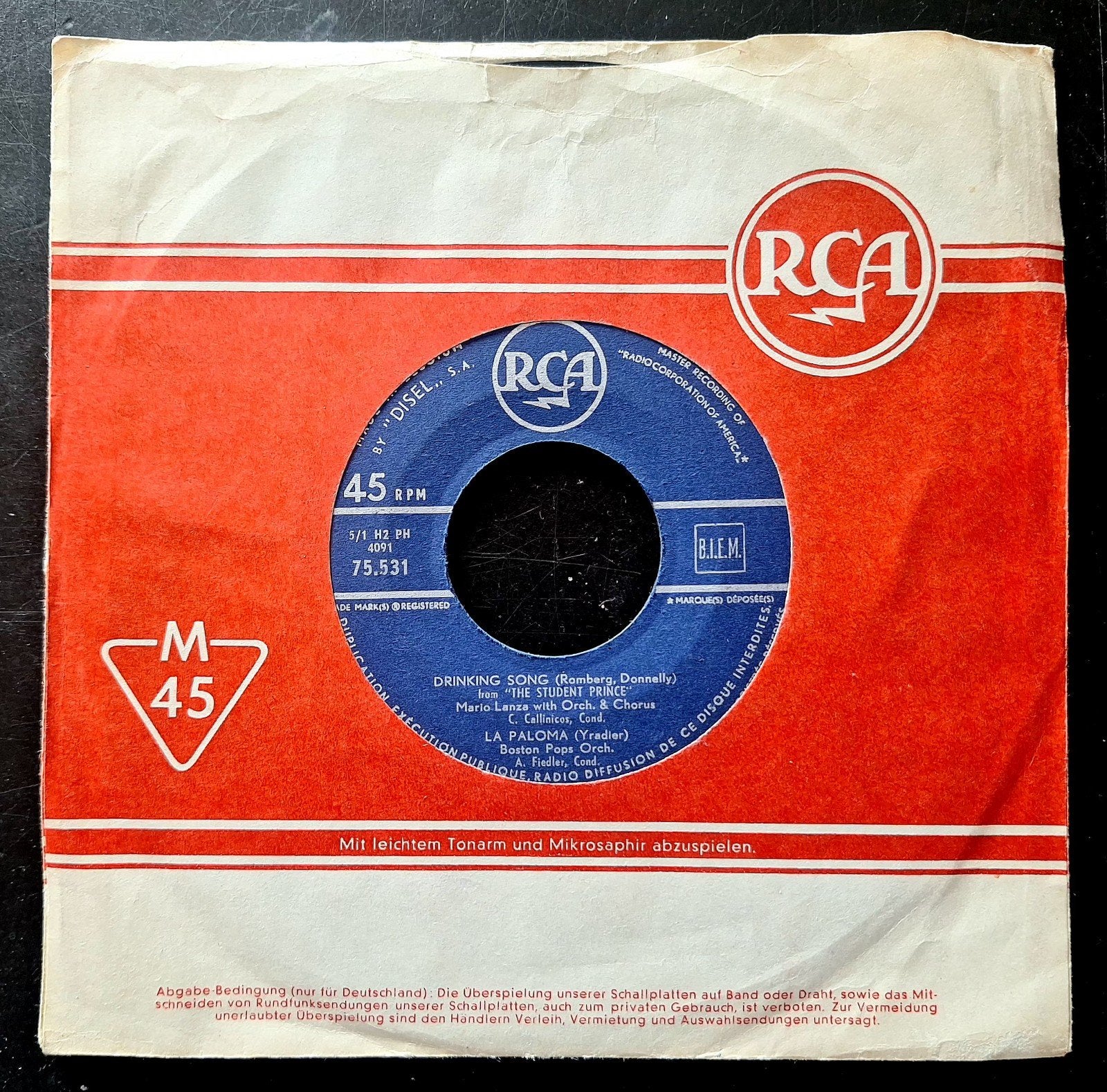 7"-EP/SINGLE  MARIO LANZA - The Drinking Song, Cd's en Dvd's, Vinyl Singles, EP, Ophalen of Verzenden, Gebruikt, EP