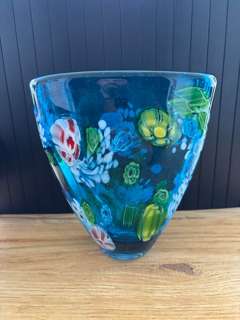 Glazen vaas/schaal Murano millefiori stijl blauw, Ophalen of Verzenden, Minder dan 50 cm, Rood, Glas