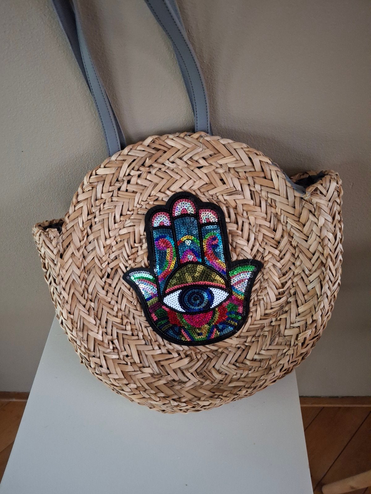 Ronde rieten strandtas met Hamsa hand applicatie, Ophalen of Verzenden, Shopper