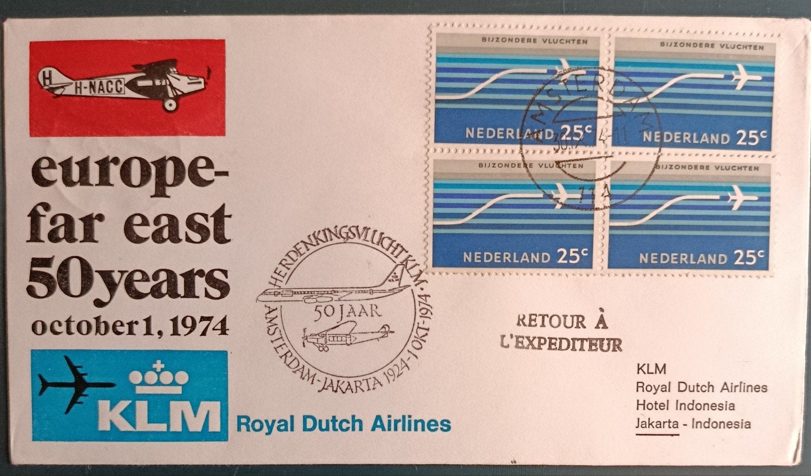 50 jaar KLM vlucht - 1974 - Amsterdam - Jakarta, Ophalen of Verzenden, Na 1940, Gestempeld