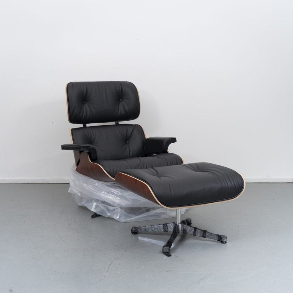 Vitra Lounge Chair Nero Leer/Palissander Klassiek + Hocker, Vitra, Nieuw, Niet ingevuld, Niet ingevuld