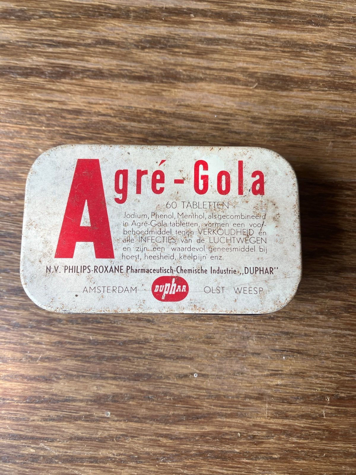 Vintage Agre-Gola Blikje - Philips-Roxane Duphar, Ophalen of Verzenden, Gebruikt, Overige, Overige merken