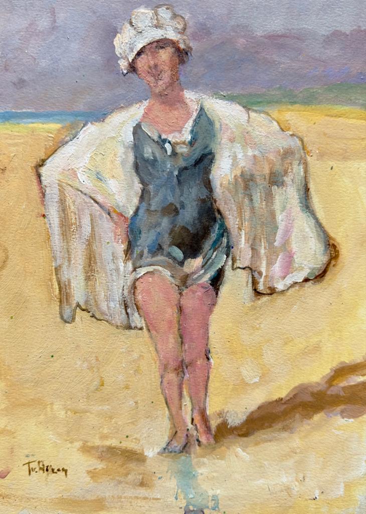 Aquarel "Dame in badkleding anno 1900" - Strandtafereel, Antiek en Kunst, Ophalen of Verzenden