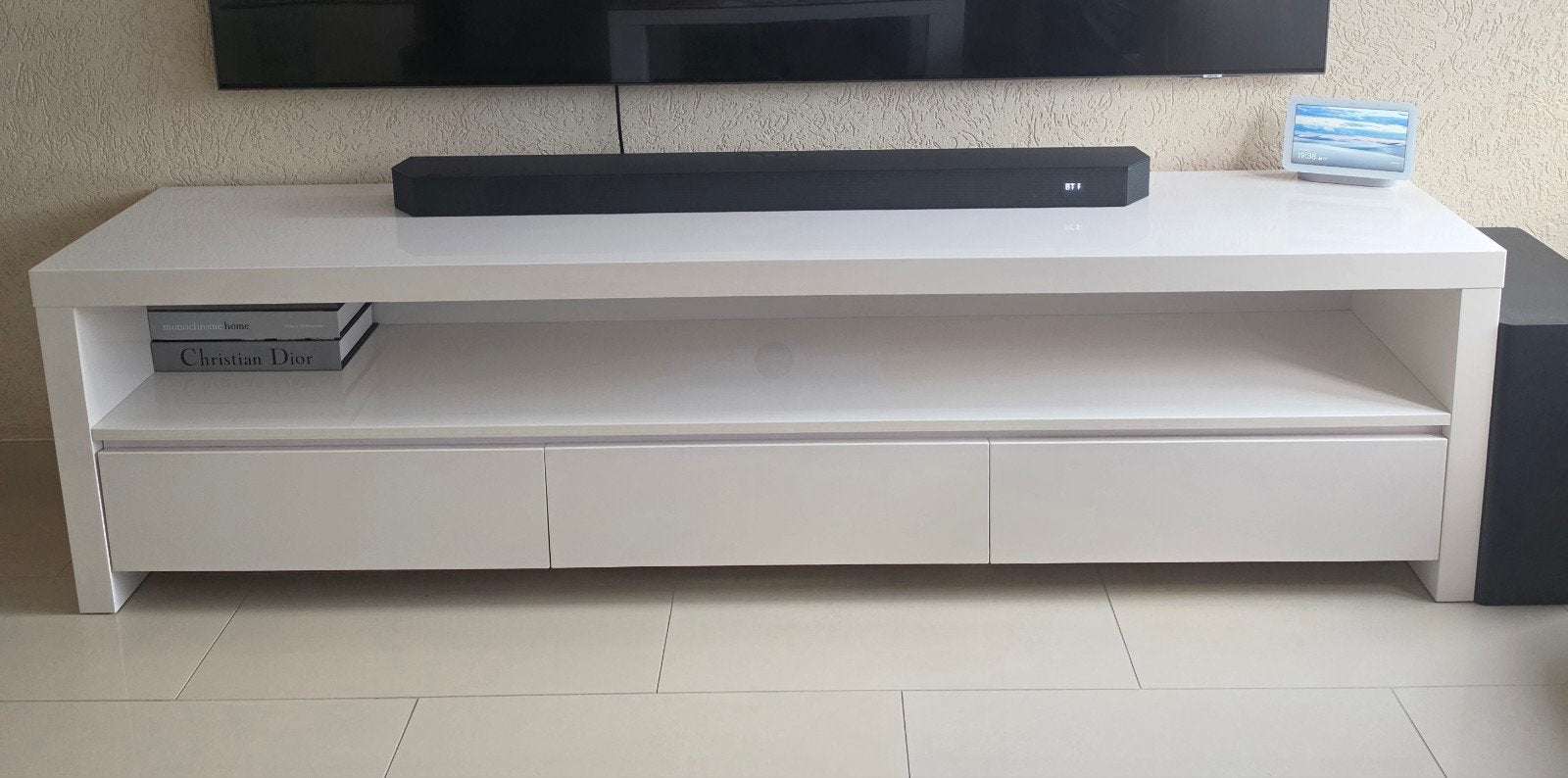 Witte hoogglans tv meubel/kast, Overige materialen, Gebruikt, 150 tot 200 cm, Ophalen of Verzenden