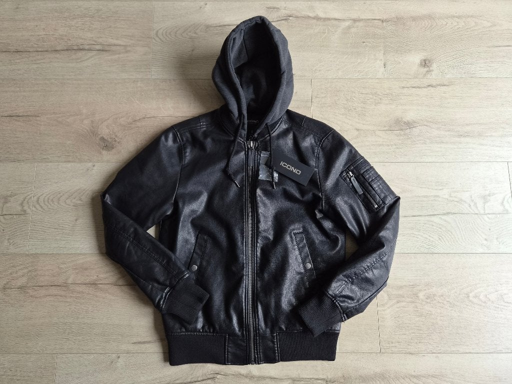 Icono Leatherlook jas (afritsbare capuchon) MT:S (Nieuw!), Zwart, Nieuw, Ophalen of Verzenden, Icono