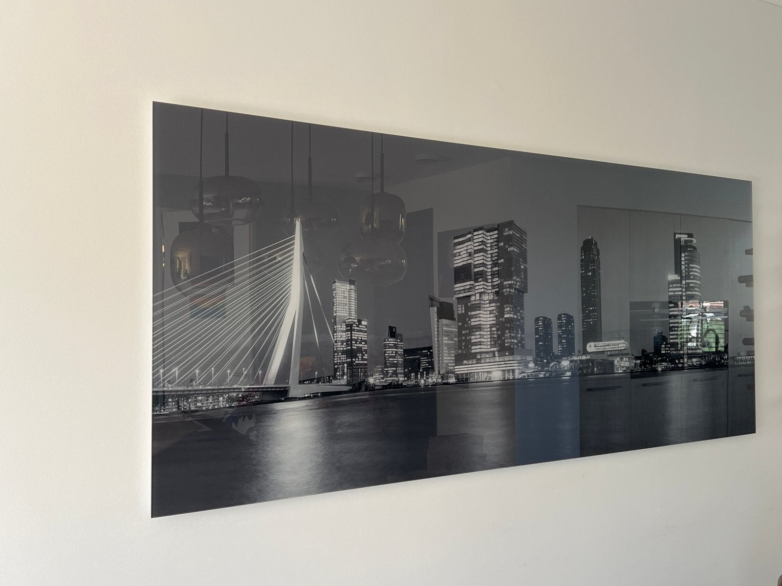 Grote Rotterdam skyline foto op glas 200 x 85 cm, Ophalen, 125 cm of meer, Zo goed als nieuw, Foto of Poster