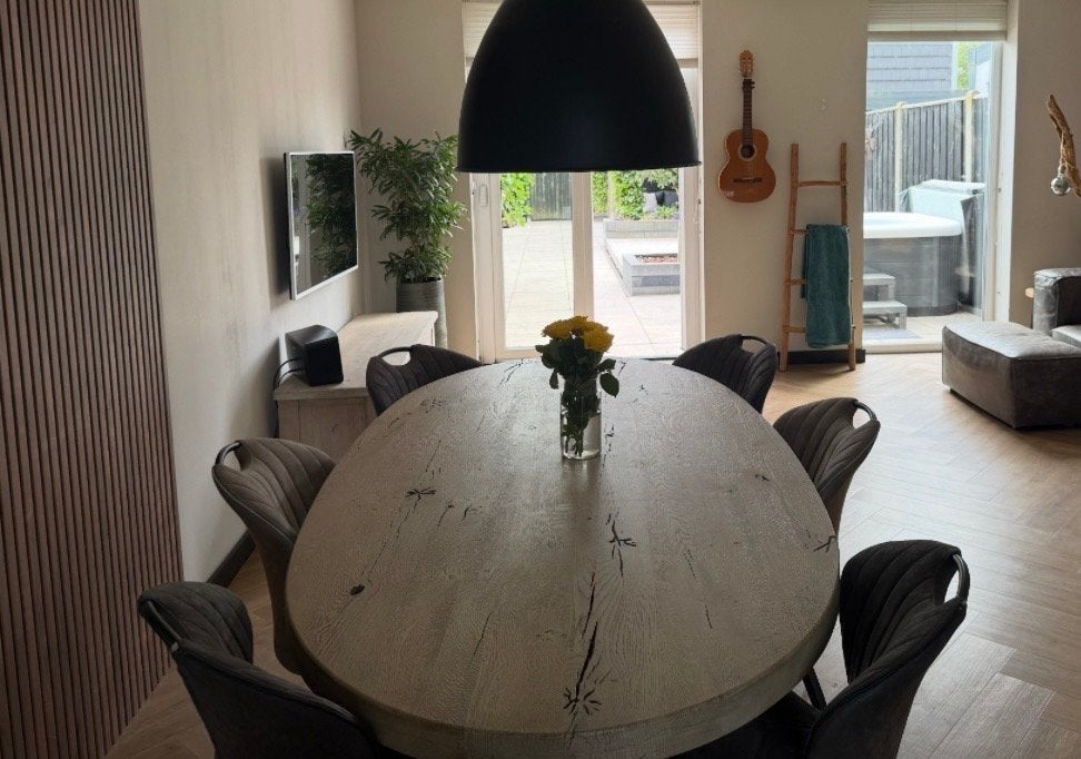 set: Robuust massief eiken ovale eettafel 220 + TV-dressoir, Huis en Inrichting, Tafels | Eettafels, Ophalen, 100 tot 150 cm, Eikenhout