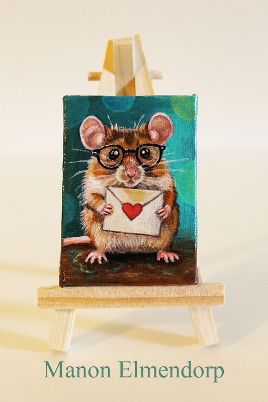 Uniek Handgeschilderd Schilderijtje Muisje met Liefdesbrief, Minder dan 50 cm, Oorspronkelijke maker, Dit is een origineel, geen reproductie!