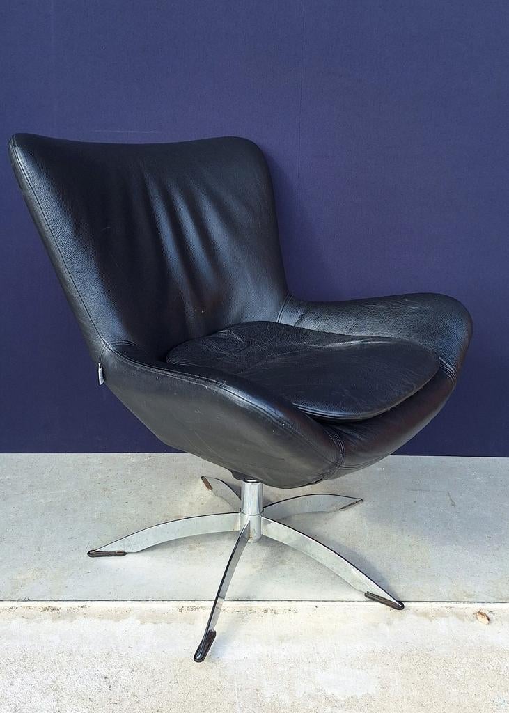 Vintage design fauteuil van Hjort Knudsen - Zwart leer, Gebruikt, Vintage, Nvt, Ophalen