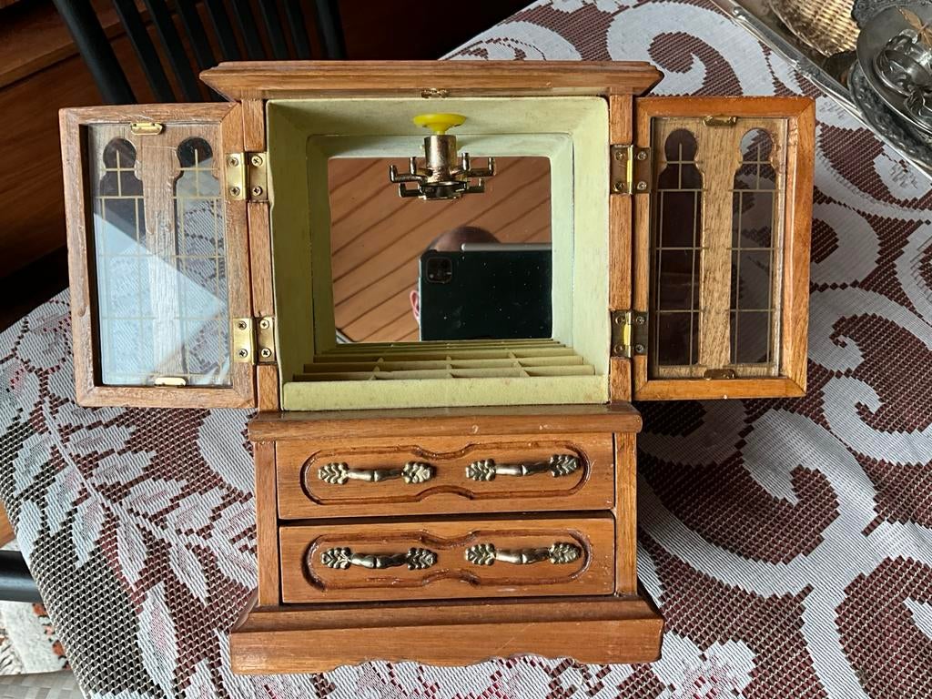 Vintage Houten Mini meubel- Juwelendoos met Spiegel, Ophalen, Gebruikt