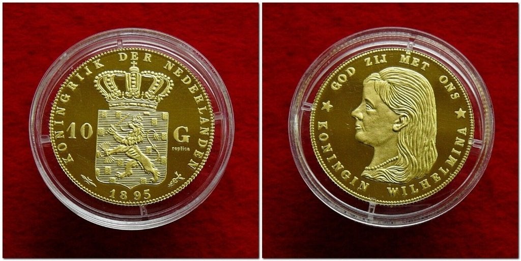 HERSLAG WILHELMINA 10 GULDEN 1892 BIJ JOHN, Verzenden, Overige landen, 10 cent, Goud