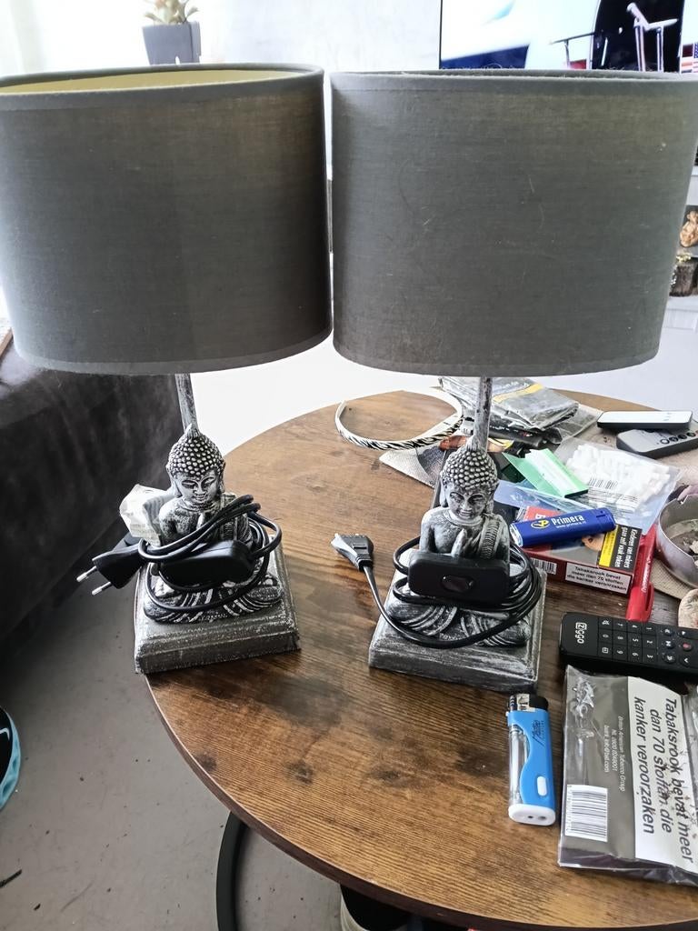 Set van 2 Boeddha tafellampen met grijze kap, Ophalen of Verzenden