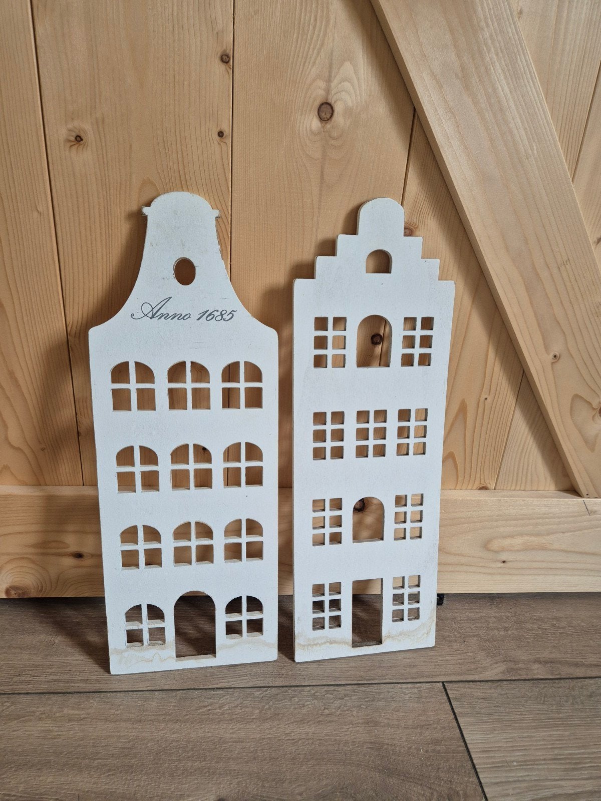 Raamdecoratie- Decoratieve Houten Grachtenpandjes, Huis en Inrichting, Gebruikt, Ophalen of Verzenden, Wit, Vintage