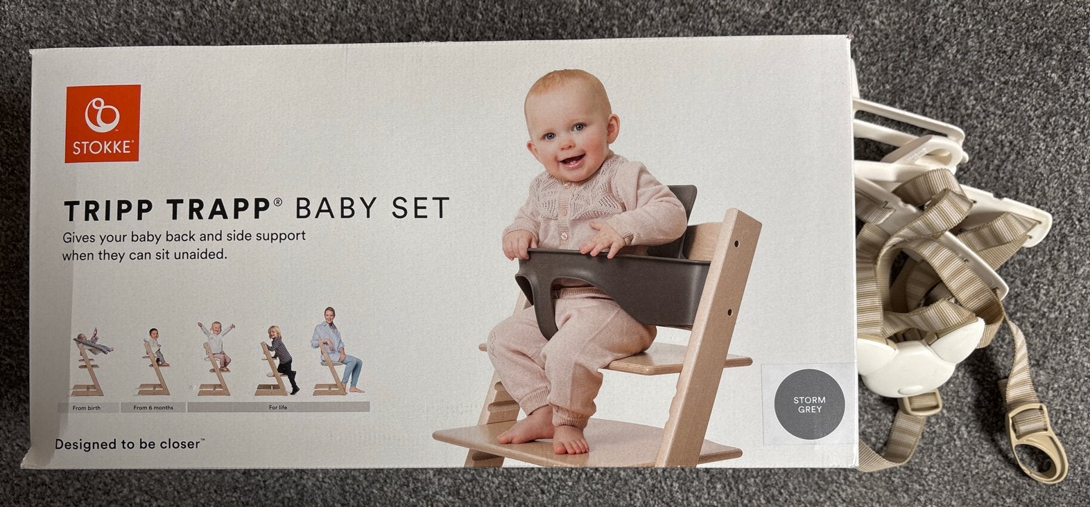 Stokke Tripp Trapp Baby Set Grijs met Gordel, Ophalen, Gebruikt, Meegroeistoel, Gordel(s)