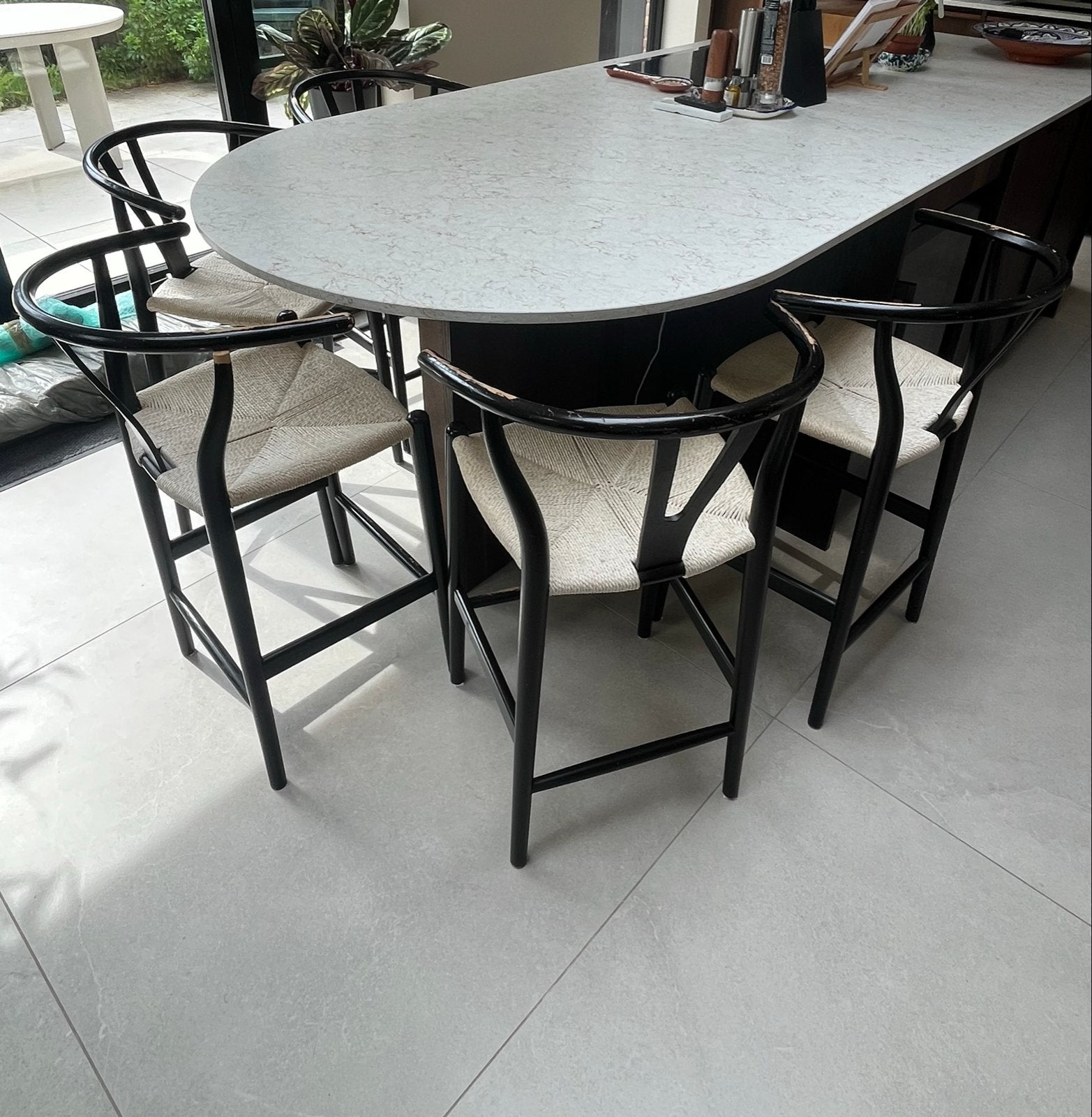 5 stijlvolle barkrukken met houten frame en touwzitting, Ophalen, 90 cm of meer, Hout, Gebruikt