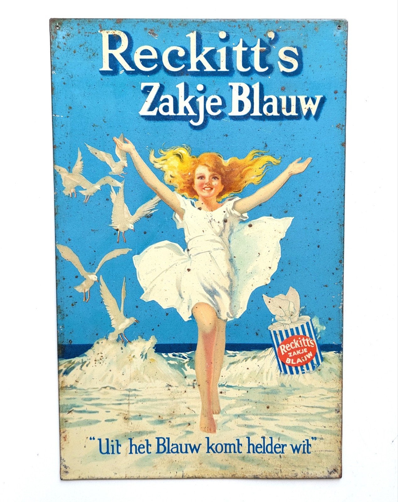 Oud Blikken Reckitt's Zakje Blauw Reclamebord Bordje, Ophalen of Verzenden, Gebruikt, Reclamebord