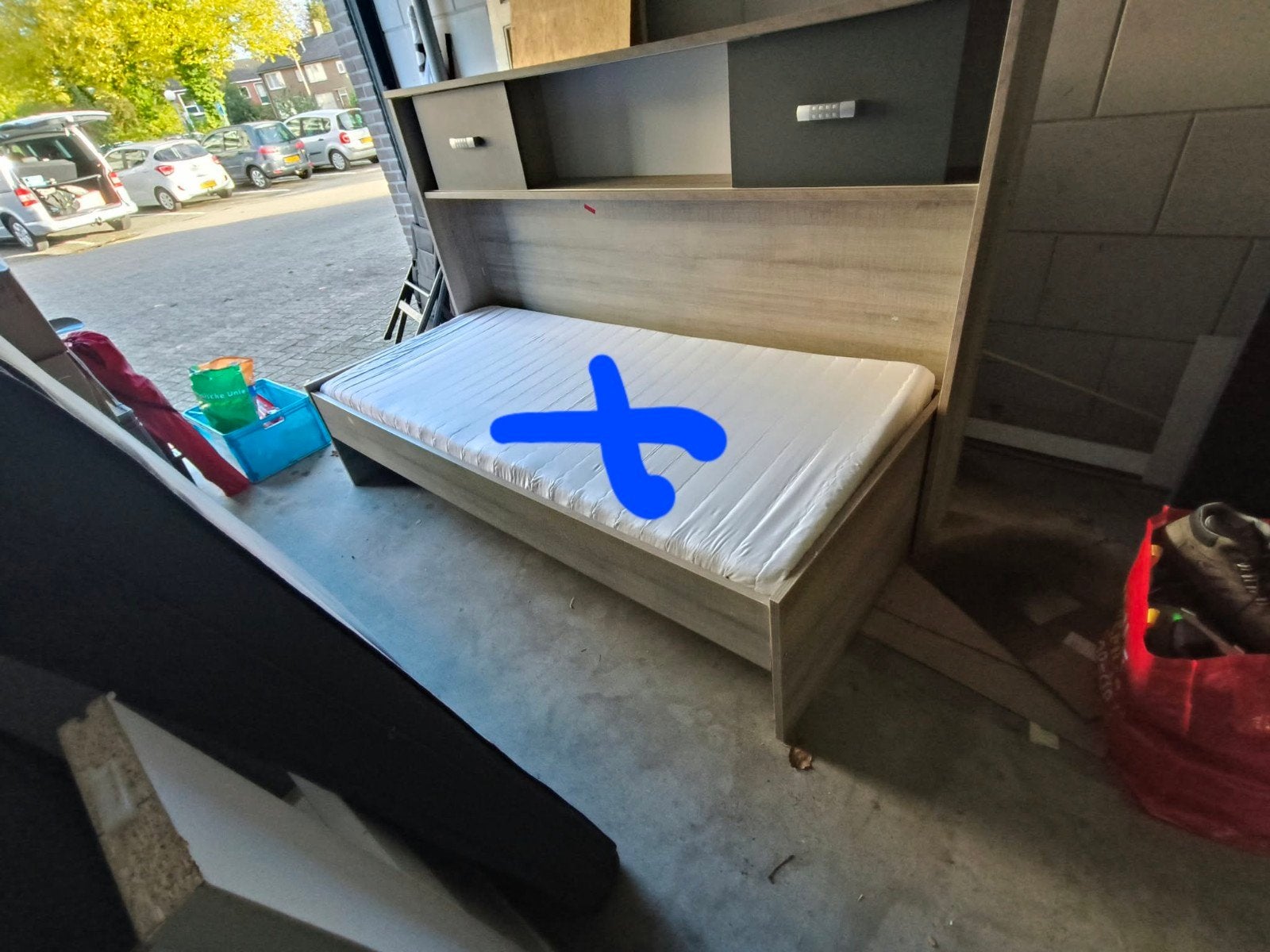 Eenpersoonsbed met opbergruimte en lattenbodem zonder matras, Ophalen, Gebruikt, 90 cm, 200 cm