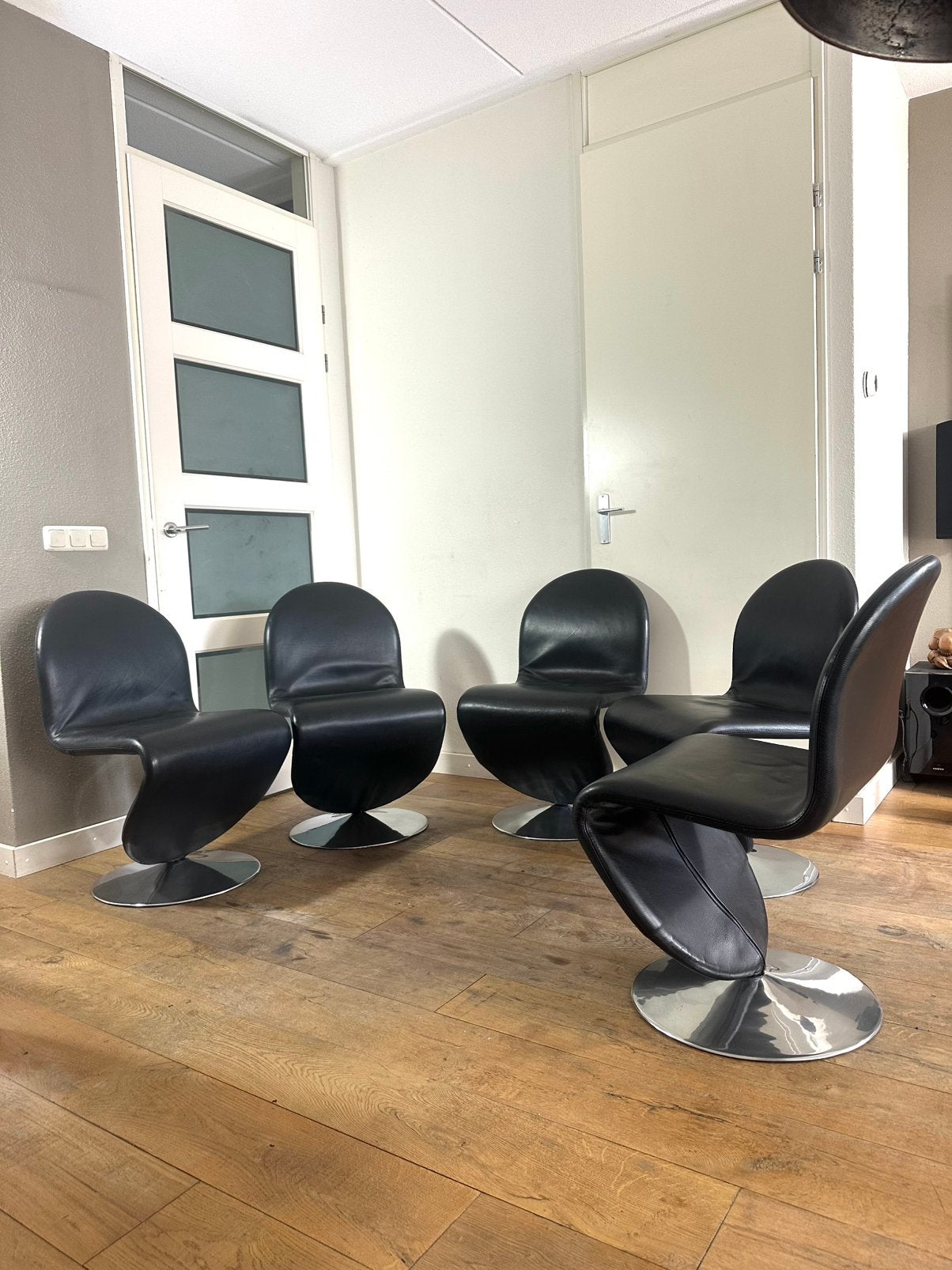 5 Verner Panton ‘System 1-2-3’ chairs - 70s Fritz Hansen, Zwart, Leer, Ophalen of Verzenden, Vijf, Zes of meer stoelen