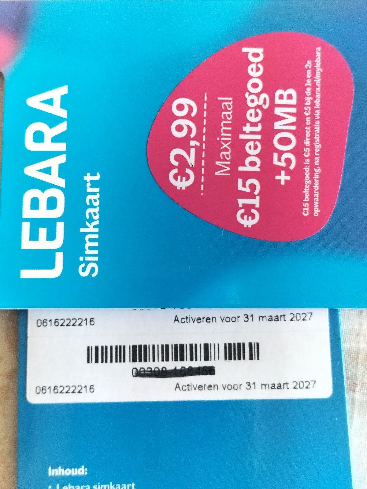 06-16-22-22-16 MOOI NUMMER LEBARA PREPAID SIMKAART NUMMER, Ophalen of Verzenden, Nieuw, KPN, Simkaart