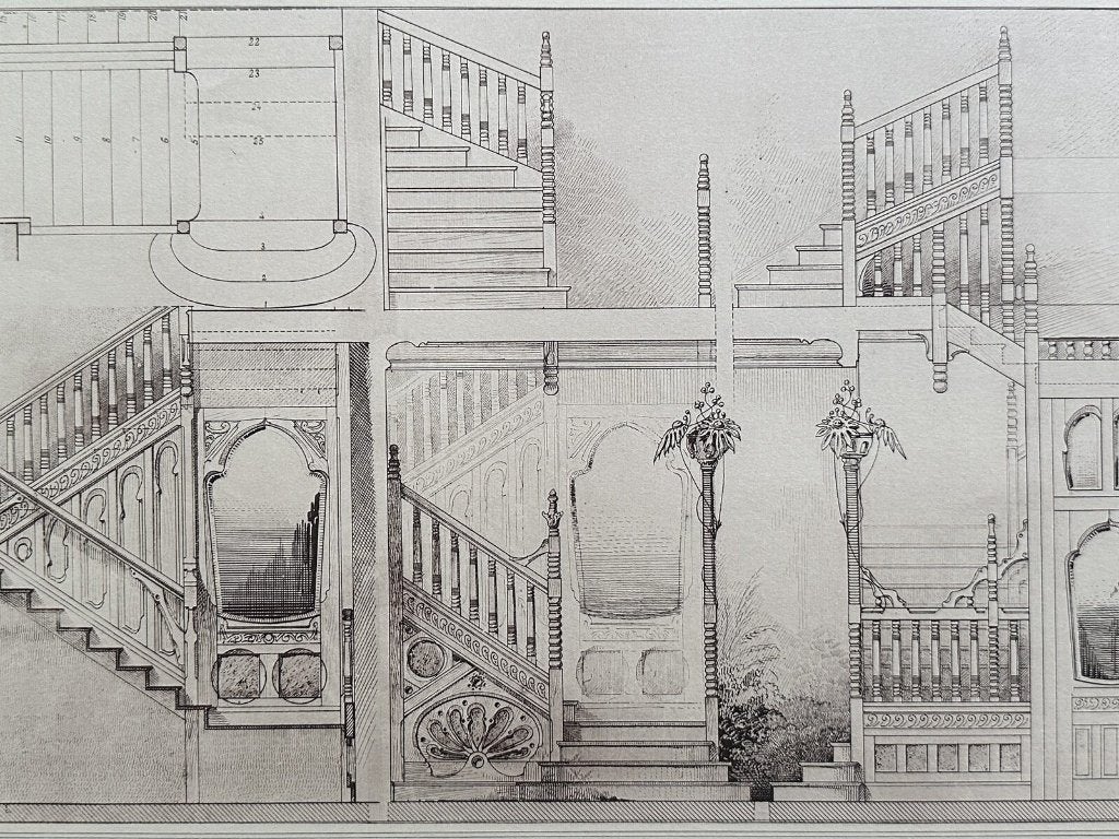 Art Nouveau trap - antieke Franse lithografie 1910, Antiek en Kunst, Kunst | Etsen en Gravures, 40 cm, 50 cm, Ophalen of Verzenden