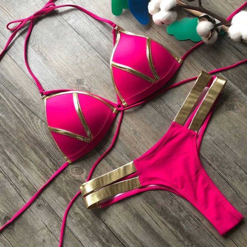 Roze gouden push up string bikini dames vrouwen, Kleding | Dames, Badmode en Zwemkleding, Verzenden, Nieuw, Roze, Bikini