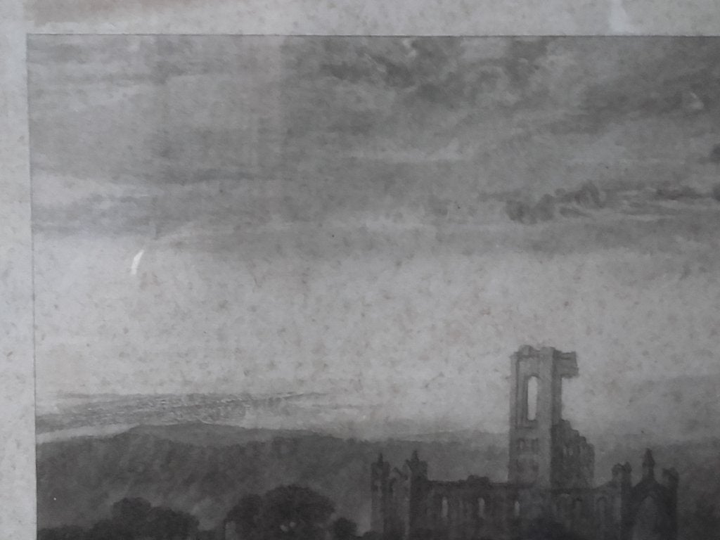 Antieke ingelijste gravure uit Engeland van Kirkshall abbey., 1800 - 1899, Ophalen of Verzenden, Gravure, Landschap