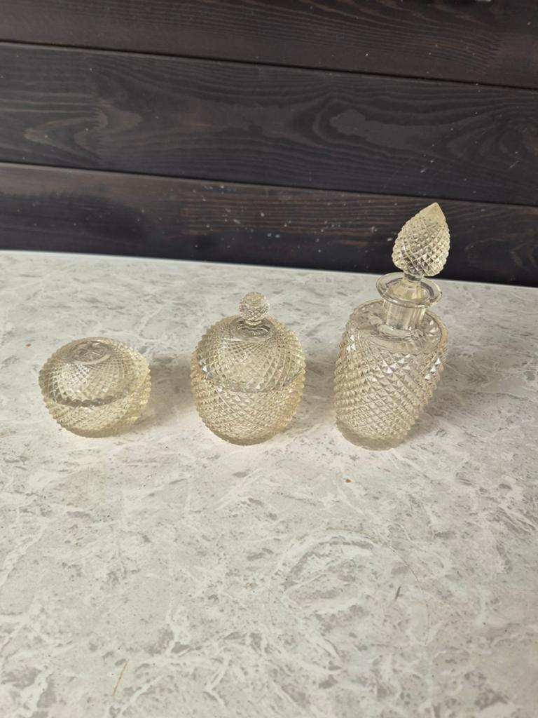 Vintage Glazen Set: Parfumflesje en Potjes, Antiek en Kunst, Antiek | Glas en Kristal, Ophalen of Verzenden
