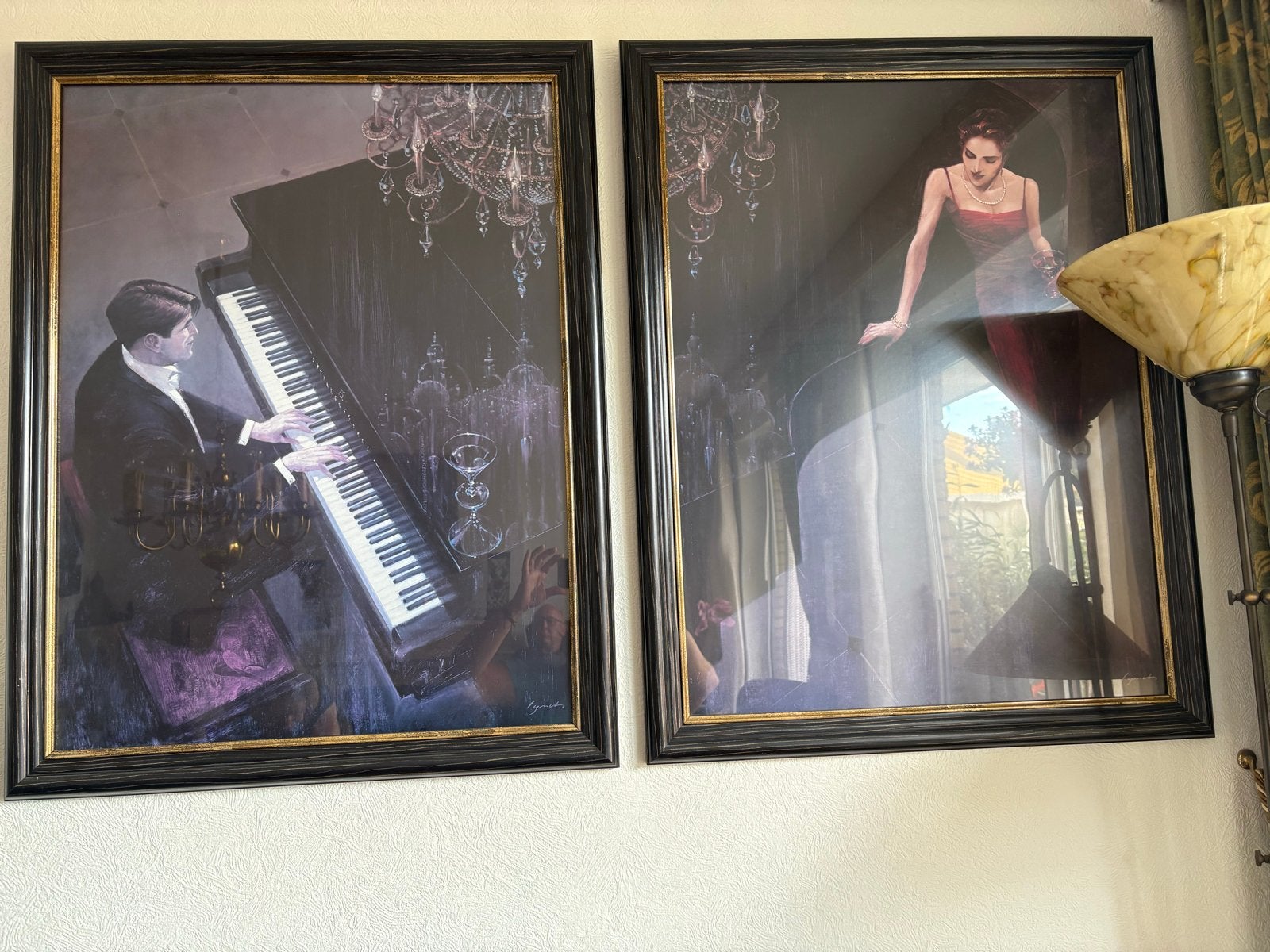 Set van 2 ingelijste schilderijen: pianist en vrouw, Antiek en Kunst, Kunst | Schilderijen | Klassiek, Portret of Personen, Klassiek