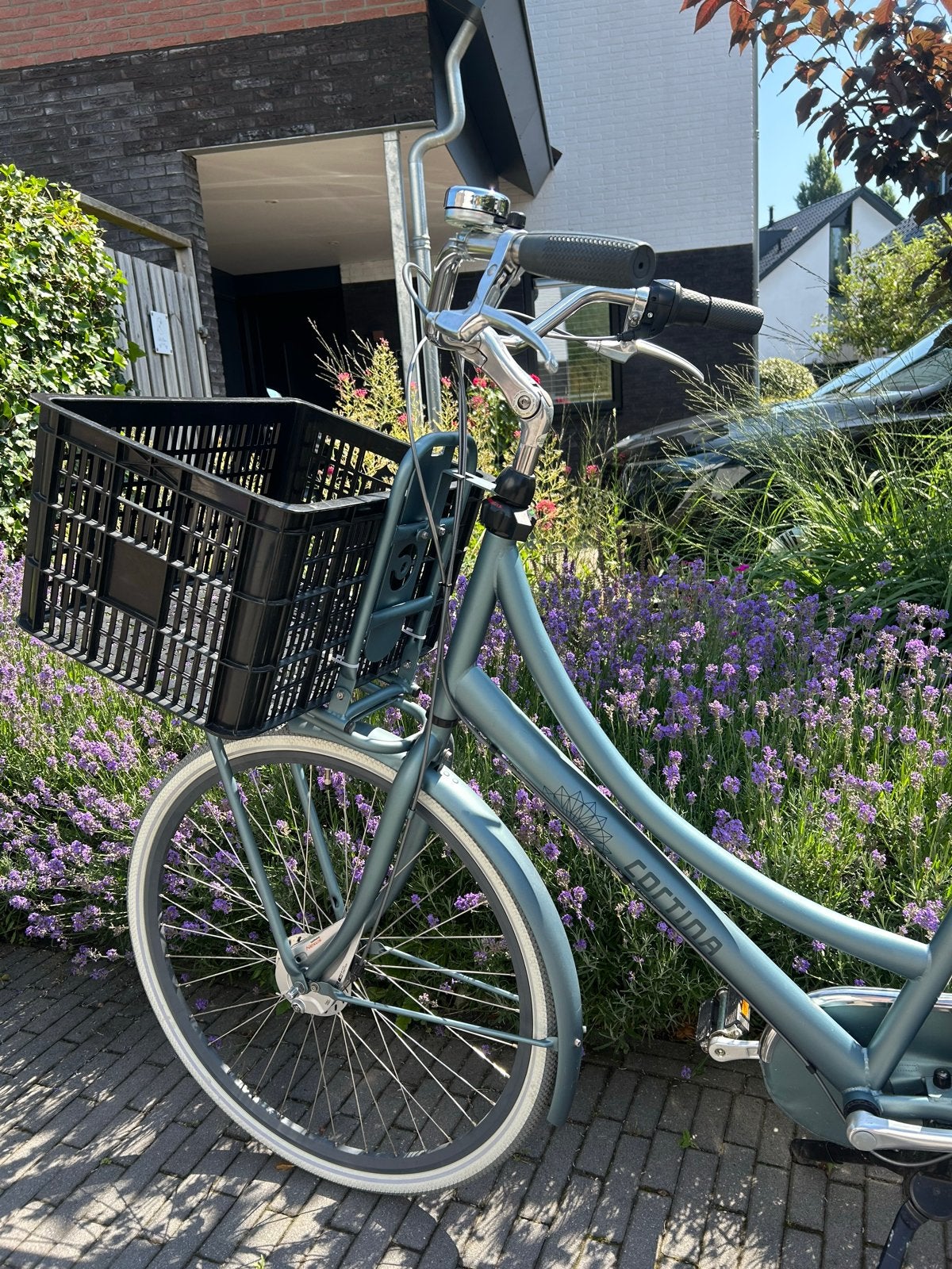 Cortina Common damesfiets met mand en kinderzitje, Gebruikt, Velgrem, Versnellingen, 50 tot 53 cm