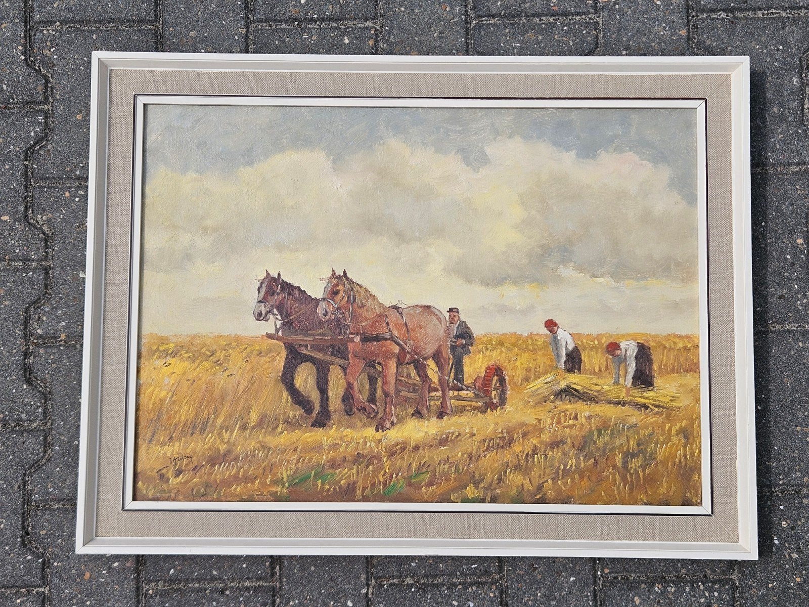 Antiek schilderij olieverf op doek impressionistisch paarden, Ophalen, Doek, Olieverf, Origineel werk