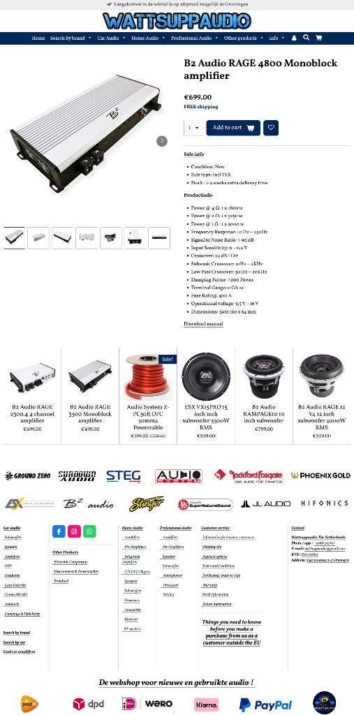 B2 Audio RAGE 4800 Monoblok versterker, ., Nieuw, Ophalen of Verzenden, Plantevej 35, 2870 Dyssegaard, Denmark