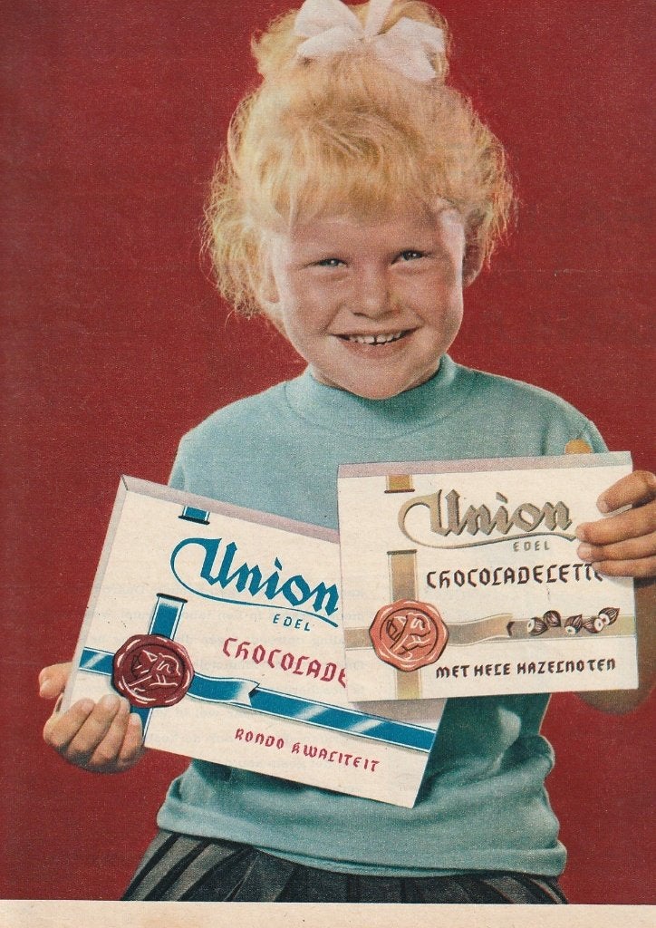 Retro reclame 1962 Union meisje & chocoladeletters, Verzenden, Overige typen