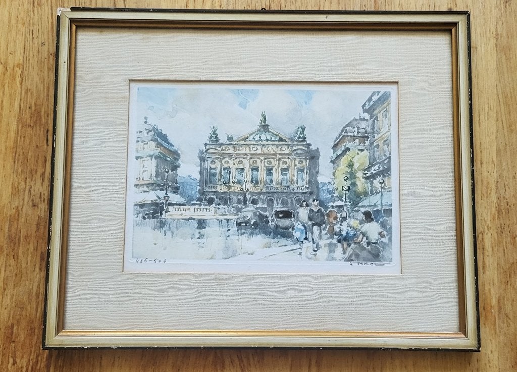 Aquarel van de Opera Garnier, door J. Nicol, Antiek en Kunst, Gedateerd, Impressionistisch, Ophalen of Verzenden, Aquarel