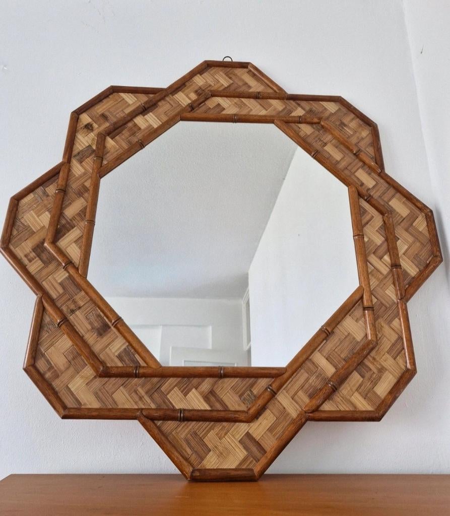 Vintage Bamboe Rotan Spiegel - Unieke Octagonale Vorm, Ophalen of Verzenden