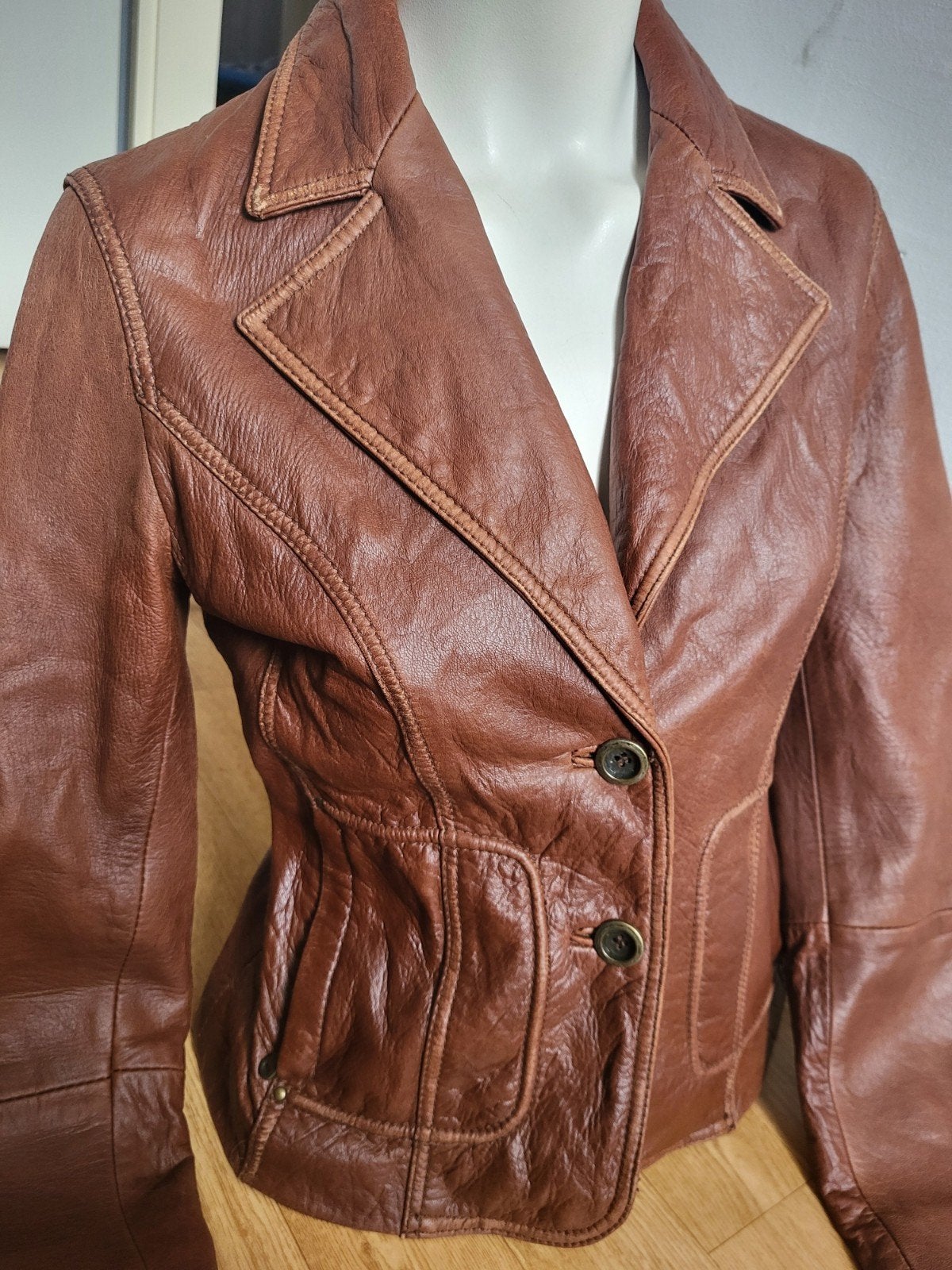Vintage bruine leren blazer jaren 90 getailleerde retrojas, Kleding | Dames, Maat 38/40 (M), Bruin, Ophalen of Verzenden, Vintage