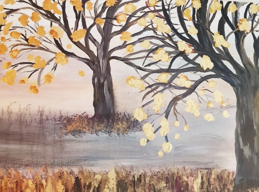 Schilderij GOLDEN FOREST 120x40 met goudverf, Ophalen of Verzenden