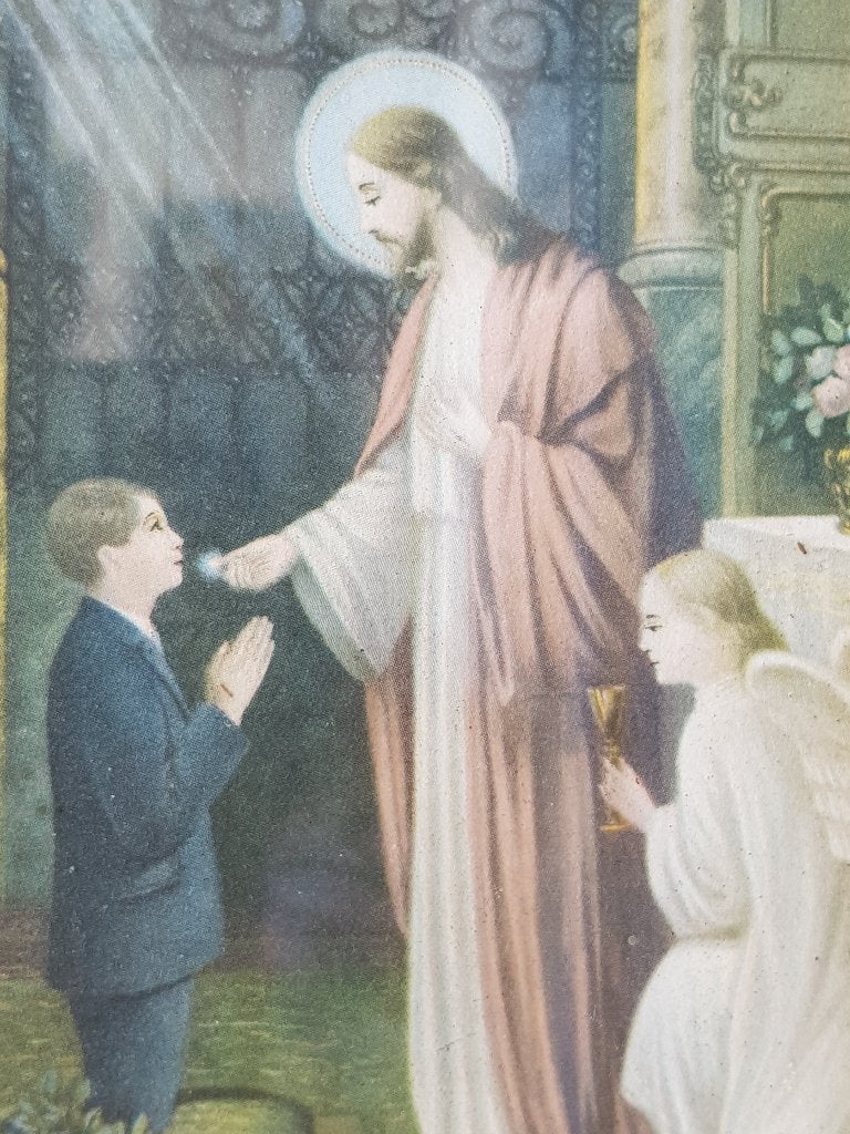 Antieke ingelijste communie prent uit Nederland 22,7 cm., Ophalen of Verzenden