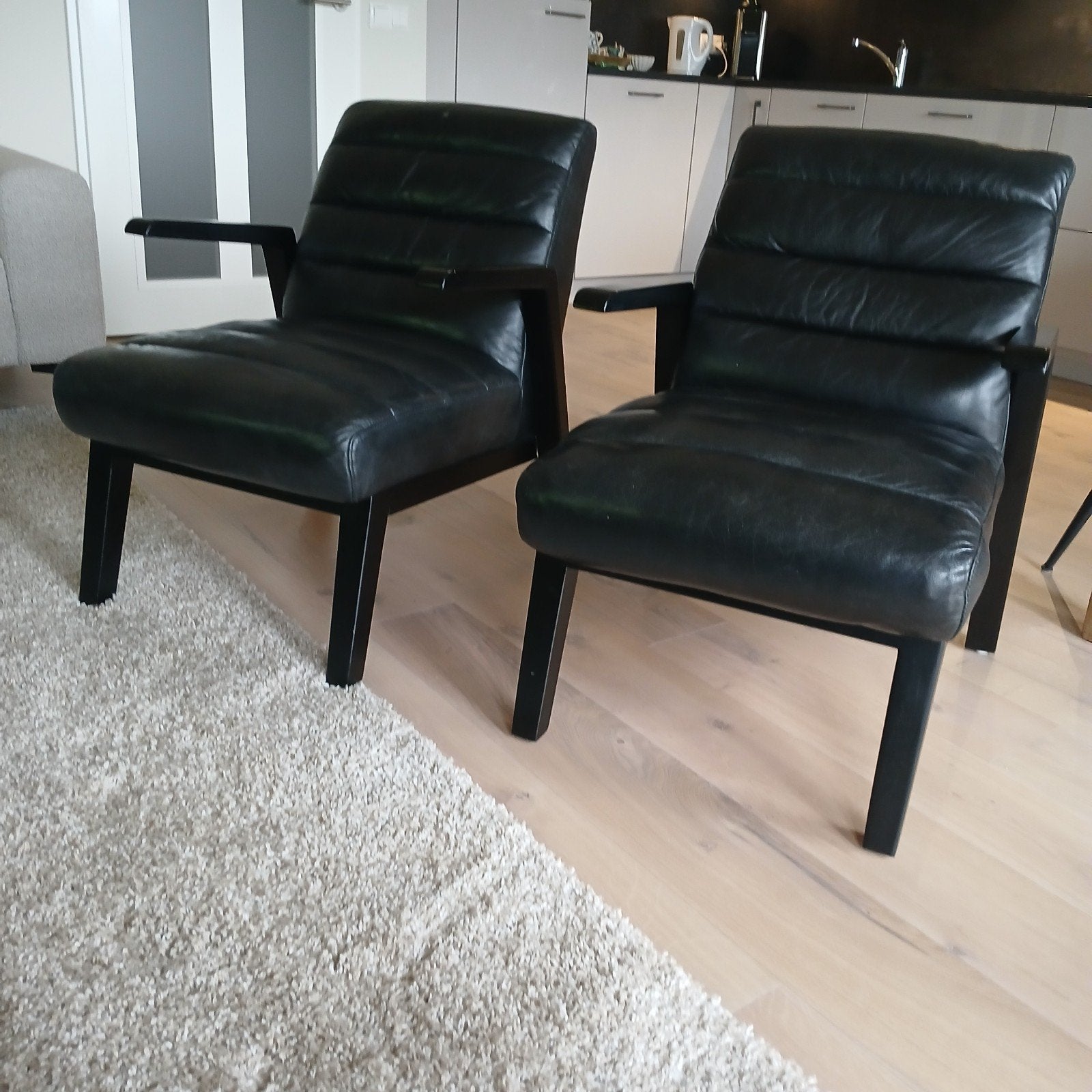 Twee zwarte leren stoeltjes., Huis en Inrichting, Stoelen, Ophalen, Zo goed als nieuw, Zwart