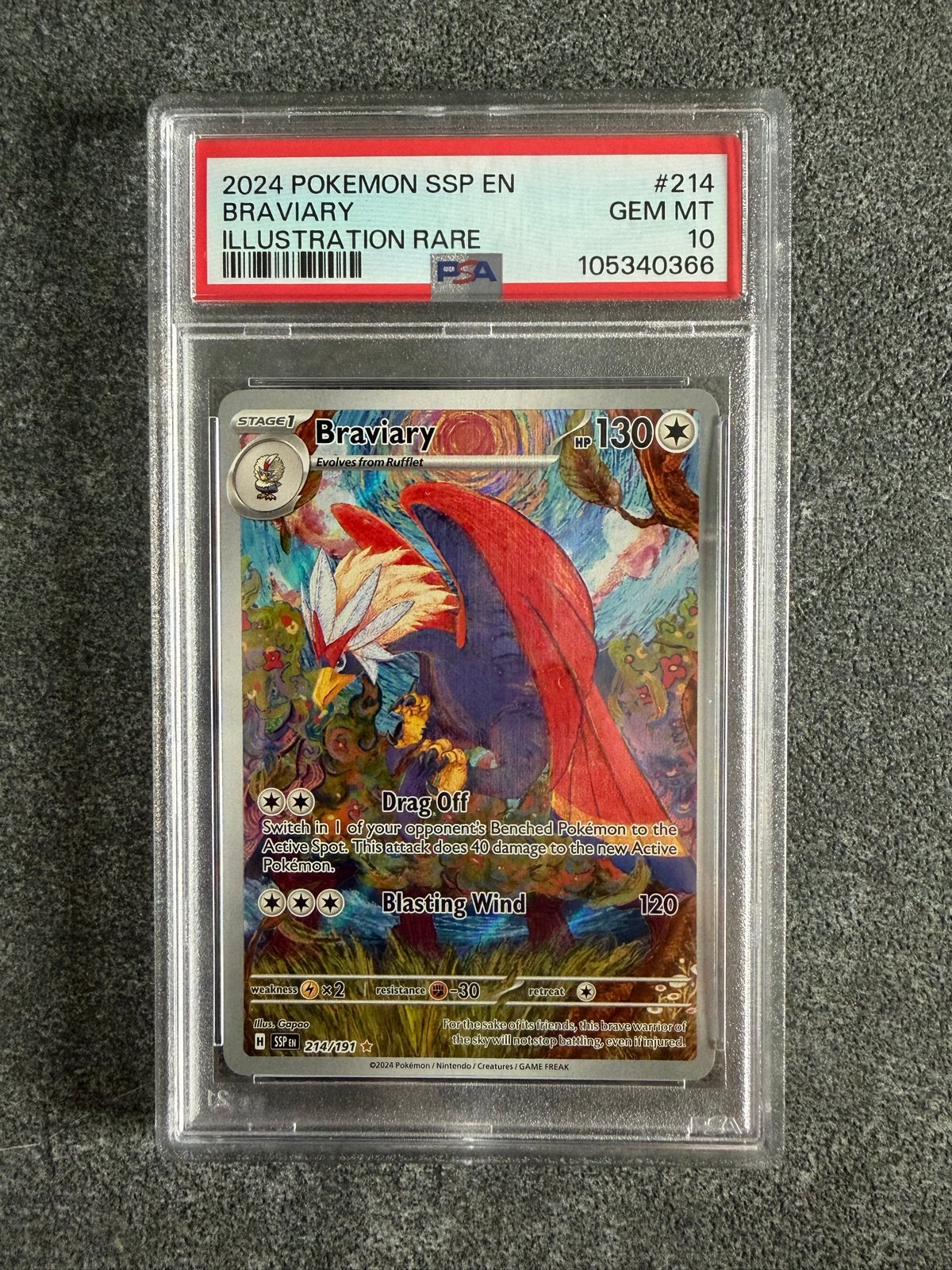 Braviary 214/191 - Surging Sparks - Pokemon - PSA10, Ophalen of Verzenden, Nieuw, Losse kaart